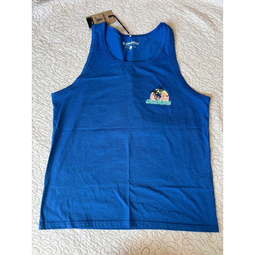 Chubbies Mens Tank Top Blue Tropical Sunset Palm Tree Size Large